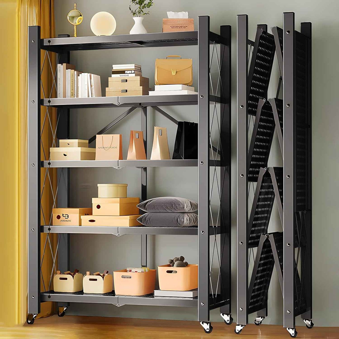 Étagères de rangement en métal robustes à 5 niveaux avec roues et pliable