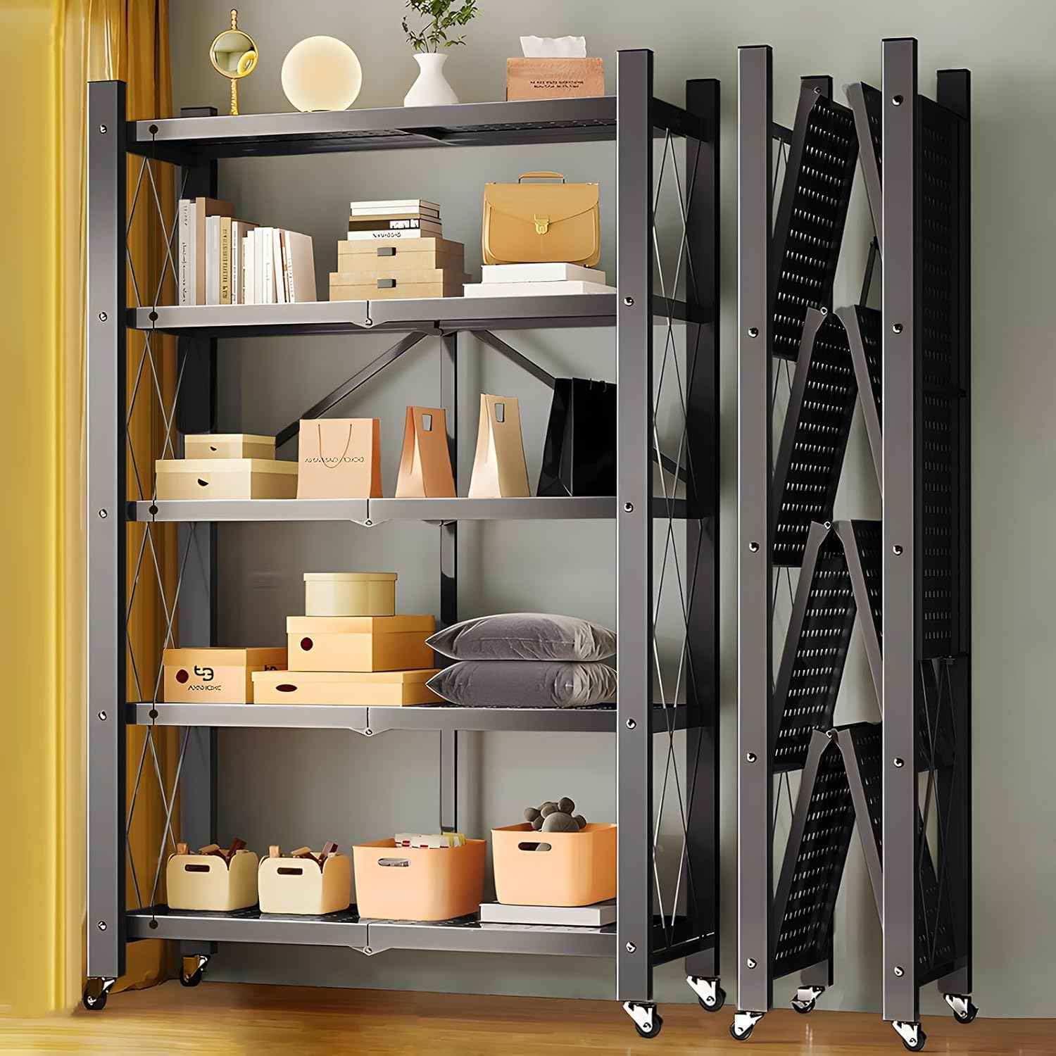 Étagères de rangement en métal robustes à 5 niveaux avec roues et pliable